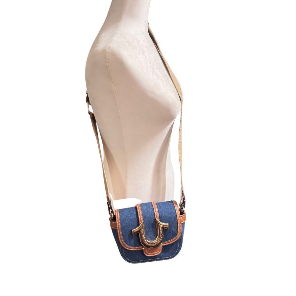 True Religion Denim Faux Leather Crossbody  Gold tone Horseshoe Small Saddle bag